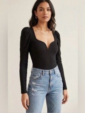 LPA Black Long Sleeve Bodysuit with Puff Shoulders